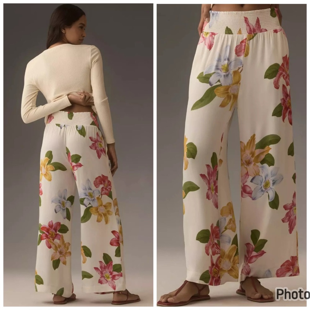Anthropologie Maeve The Saria Smocked Wide Leg‎ Pants Floral Small Tropical